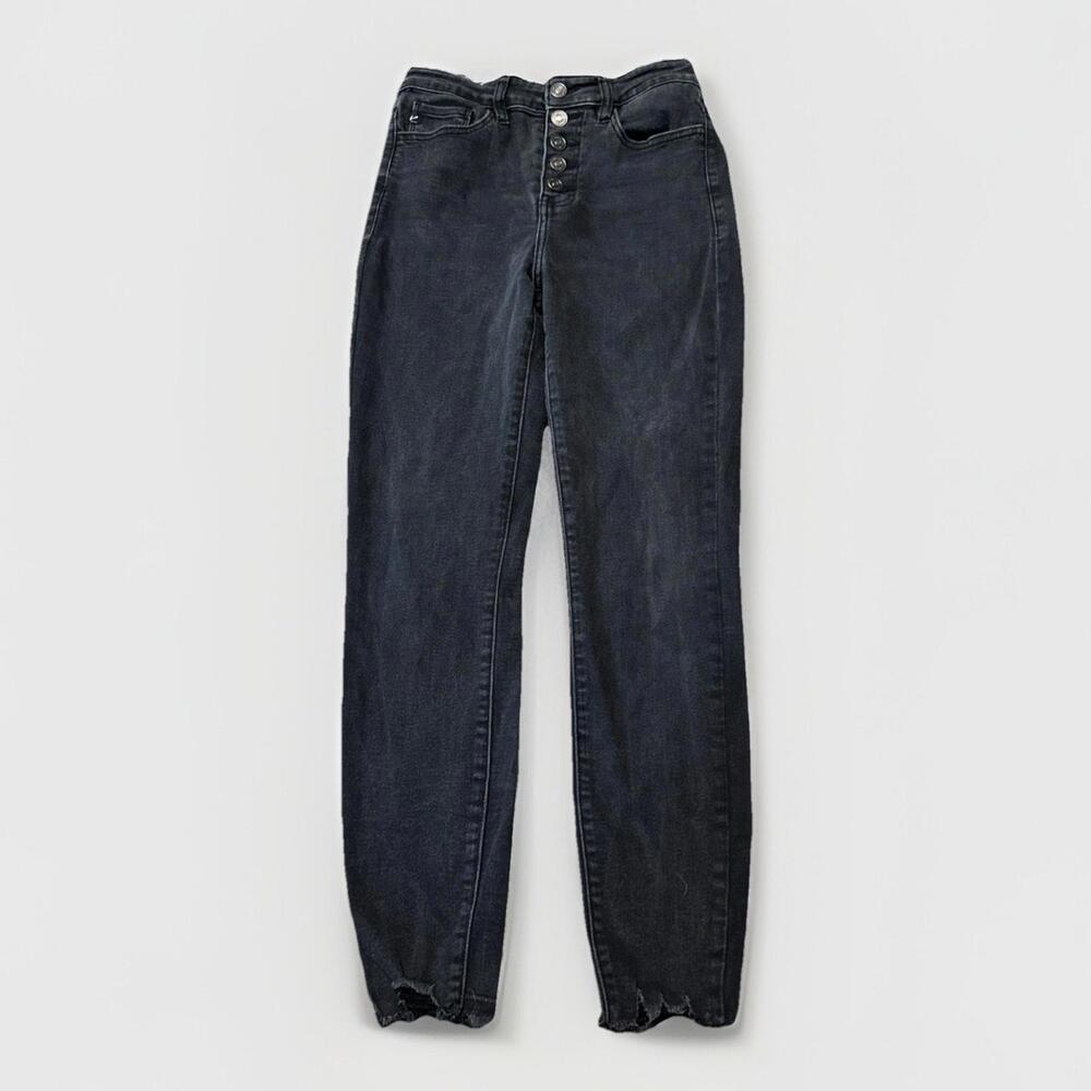 KanCan Jeans Woman’s Size 3/25 Button Fly Ankle Skinny Black Raw Hem 25x26.5